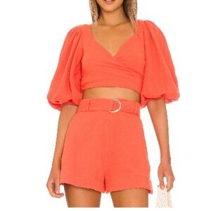SIMKHAI Chili Puff Sleeve Wrap Top and Shorts